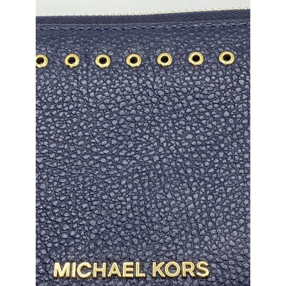 Michael Kors Navy Leather Wristlet Wallet With Gold Stud Detailing & Zipper Clos - Picture 5 of 13